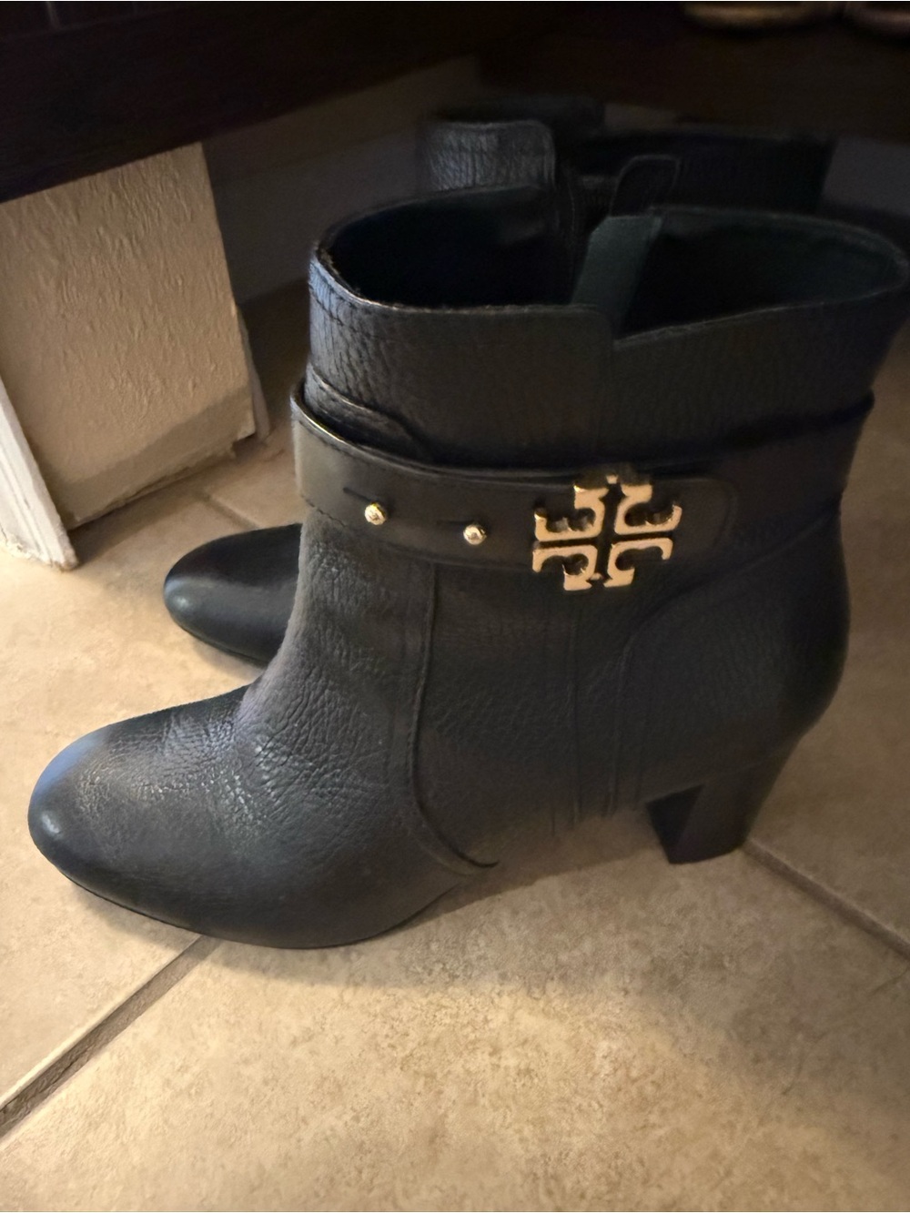 Tory Burch Black Leather Ankle Booties with Gold Logo Accent